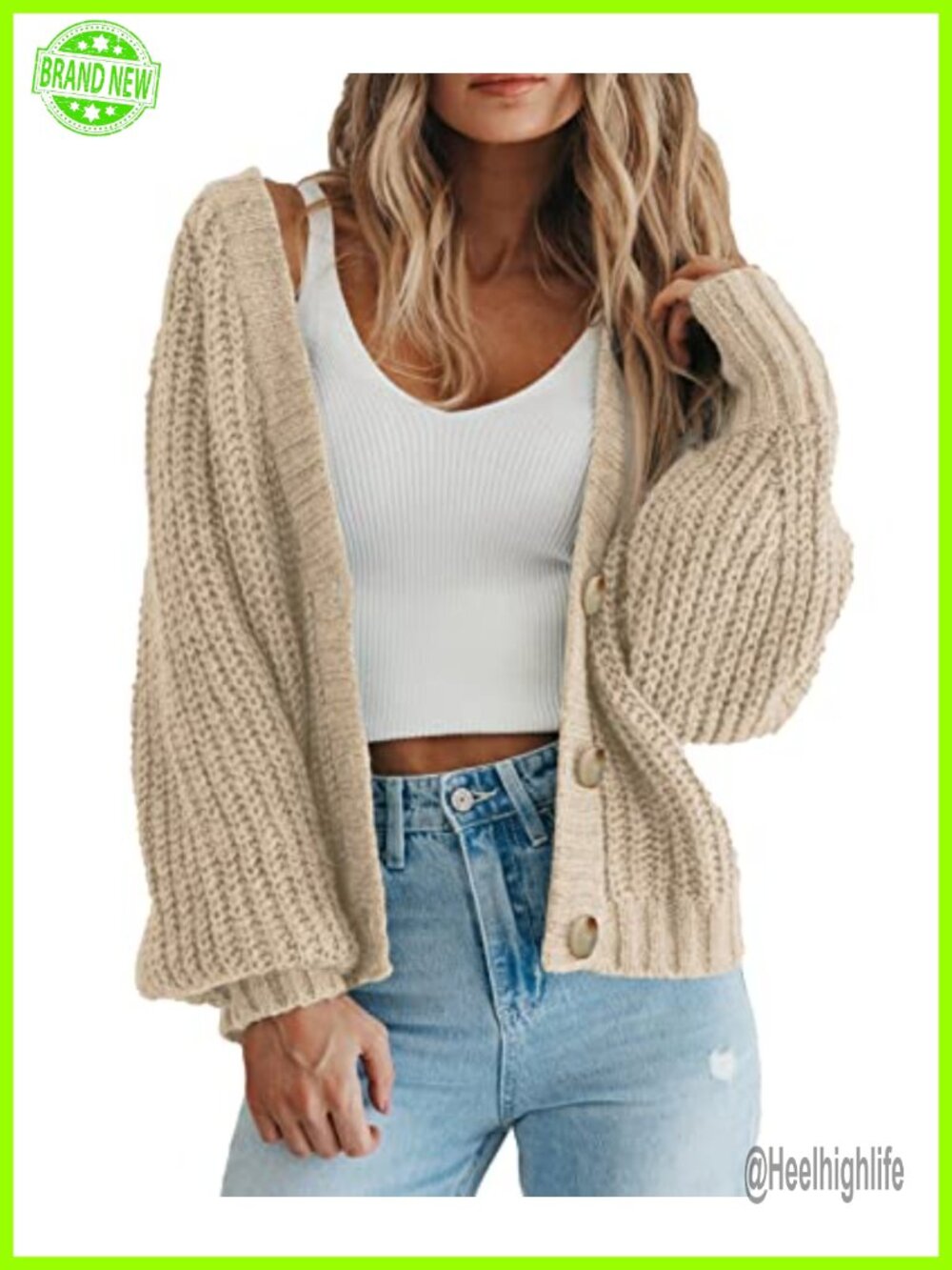 Chunky Knit Open Front Cardigan V-Neck Button Long Sleeve Sweater